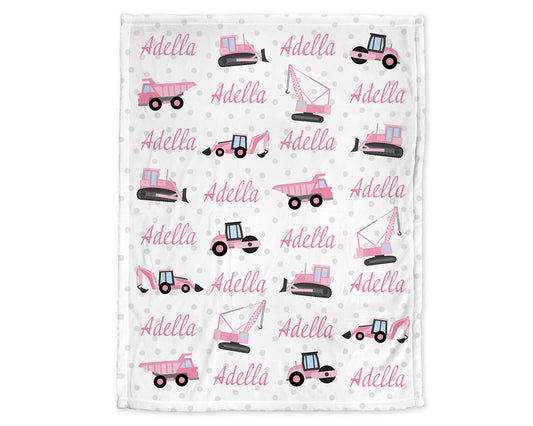 Personalized Pink Construction Baby Name Blanket Girl