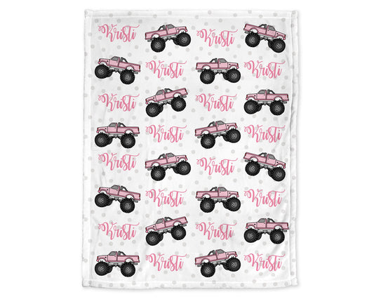 Personalized Monster Truck Baby Name Blanket Girl