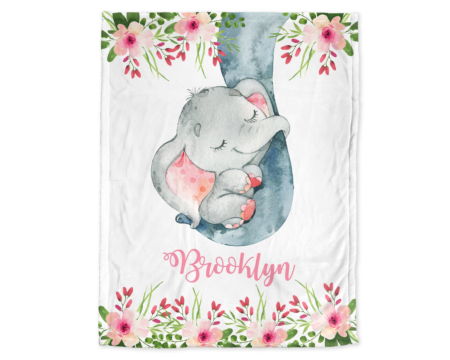 Personalized Baby Elephant Pink Flowers Baby Name Blanket Girl