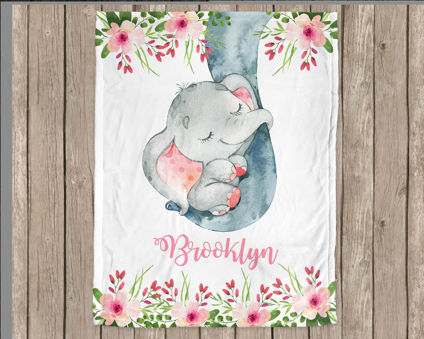 Personalized Baby Elephant Pink Flowers Baby Name Blanket Girl