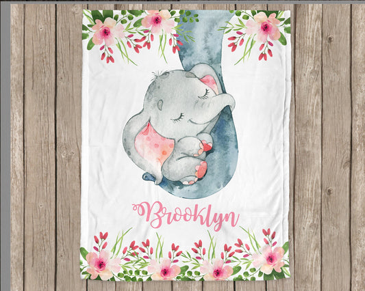 Personalized Baby Elephant Pink Flowers Baby Name Blanket Girl