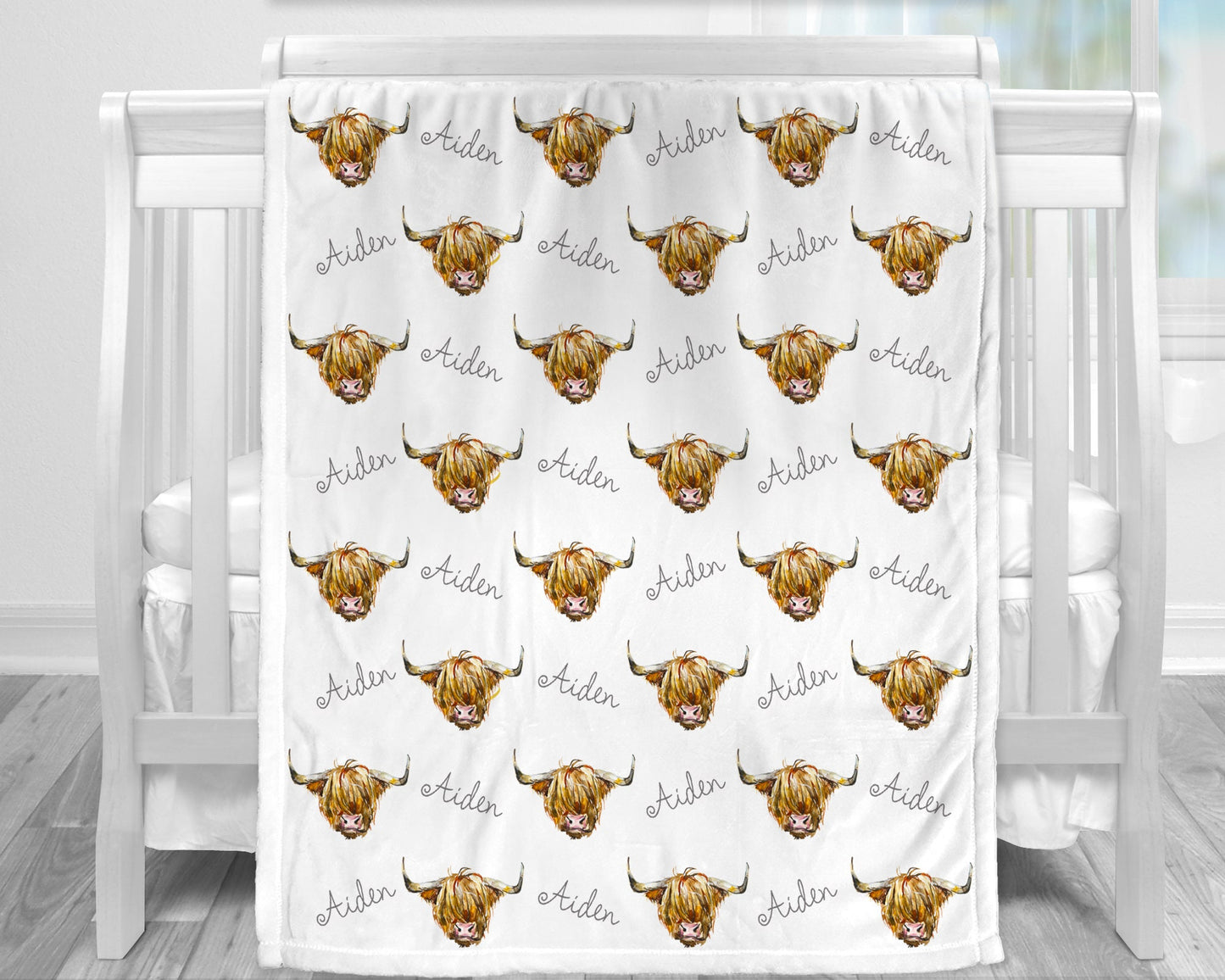 Personalized Highland Cow Baby Name Blanket Boy