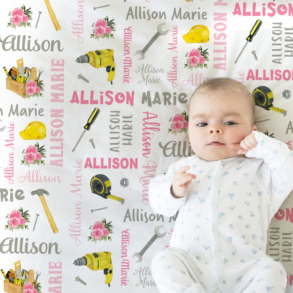 Baby girl work tools blanket, woodworking blanket with tools, personalized girl construction handyman gift, newborn , toddler, big kid size
