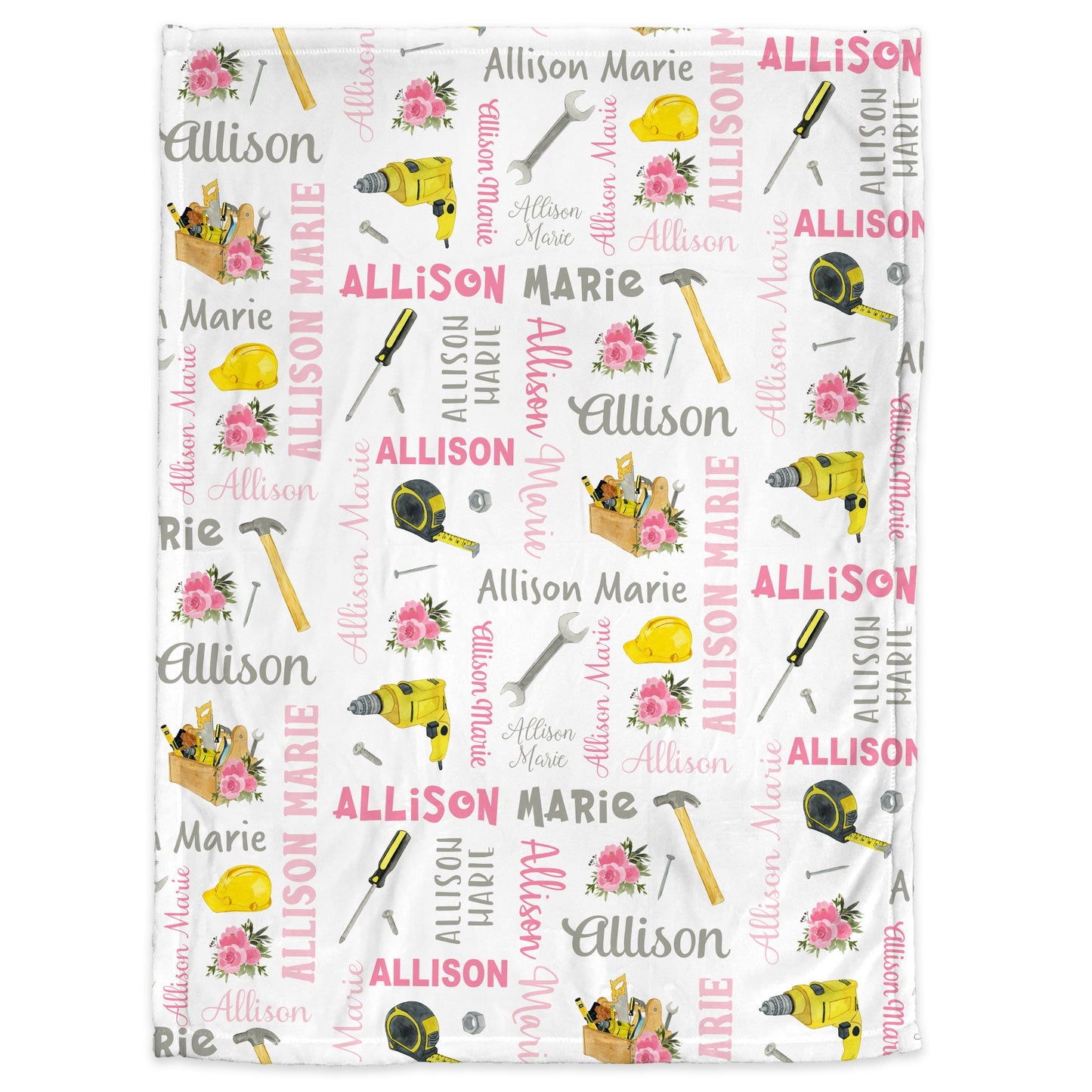 Baby girl work tools blanket, woodworking blanket with tools, personalized girl construction handyman gift, newborn , toddler, big kid size