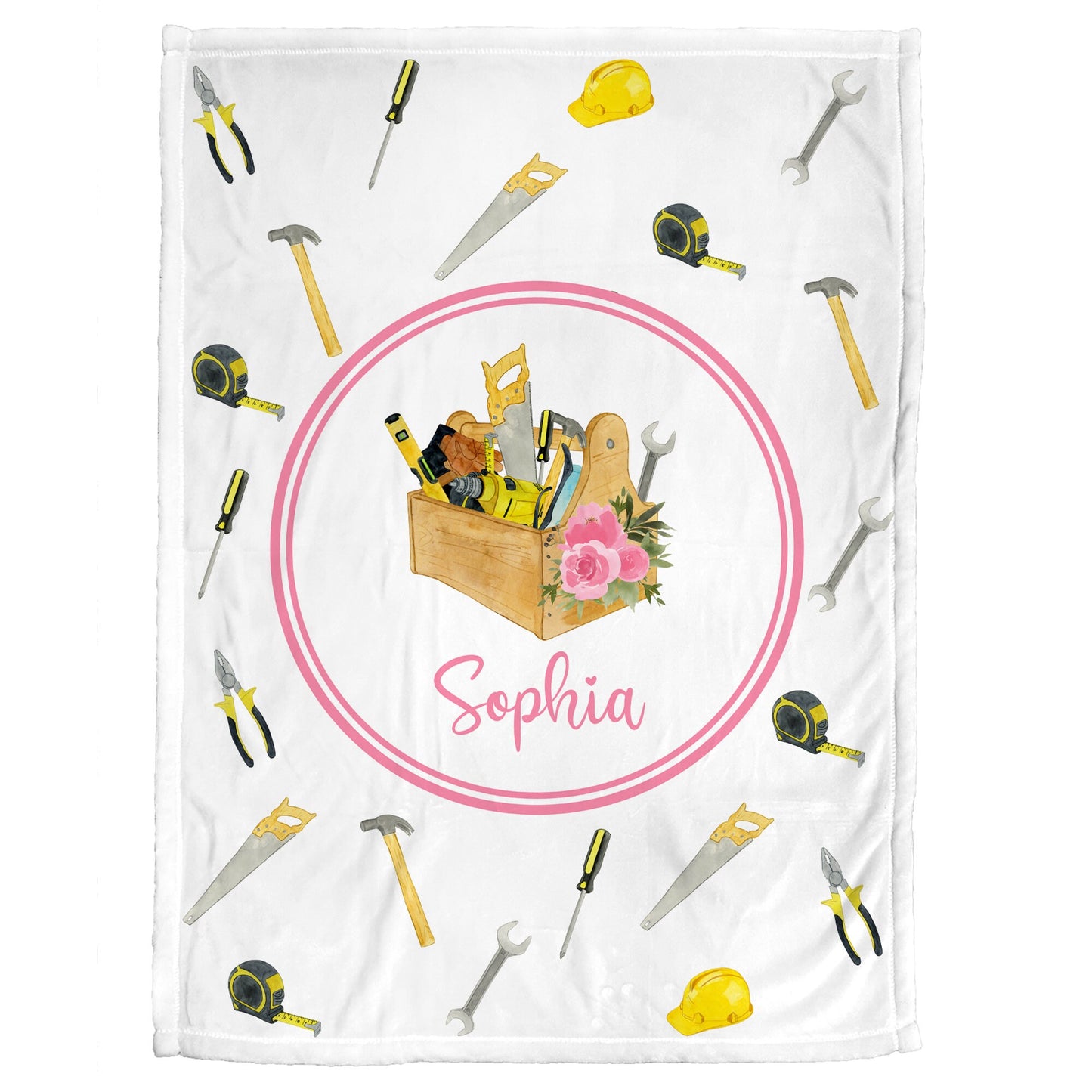 Baby girl construction tools blanket, blanket with carpenter tools, personalized work tools hanyman gift, newborn, toddler, big kid size