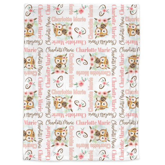 Personalized Owl Baby Name Blanket Girl