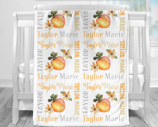 Personalized girl peach baby name blanket, orange and white newborn peaches baby gift with name, watercolor, toddler or big kids (CHOOSE COLORS)