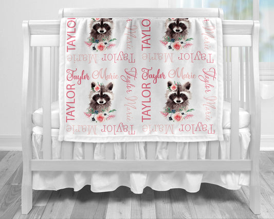 Personalized Forest raccoon Baby Name Blanket Girl