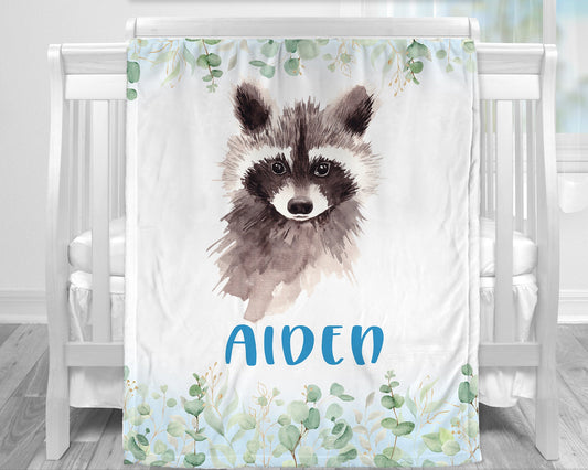 Personalized Raccoon Baby Name Blanket Boy