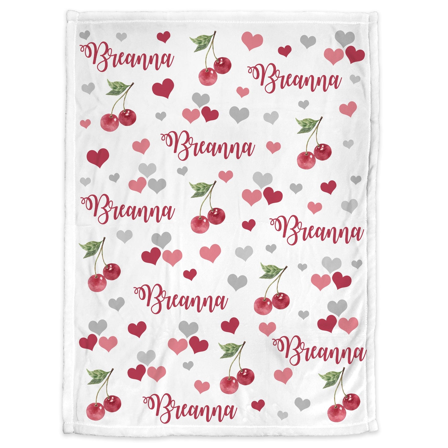 Personalized cherry baby name blanket, cherries newborn blanket with hearts, girl cherry name gift, toddler, big kid size, choose material