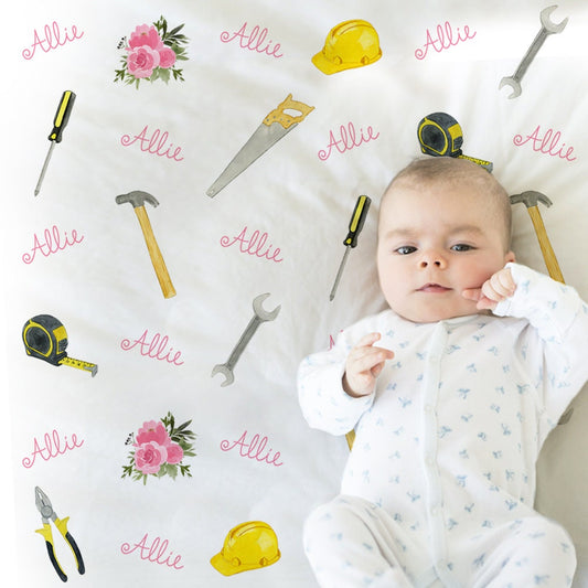 Personalized Girl Tools Flowers Baby Name Blanket Girl