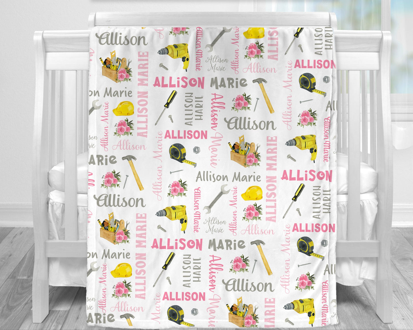 Baby girl work tools blanket, woodworking blanket with tools, personalized girl construction handyman gift, newborn , toddler, big kid size