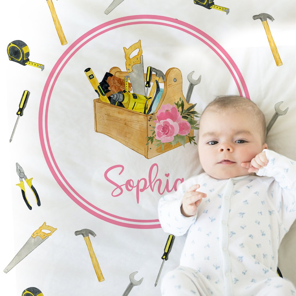 Baby girl construction tools blanket, blanket with carpenter tools, personalized work tools hanyman gift, newborn, toddler, big kid size