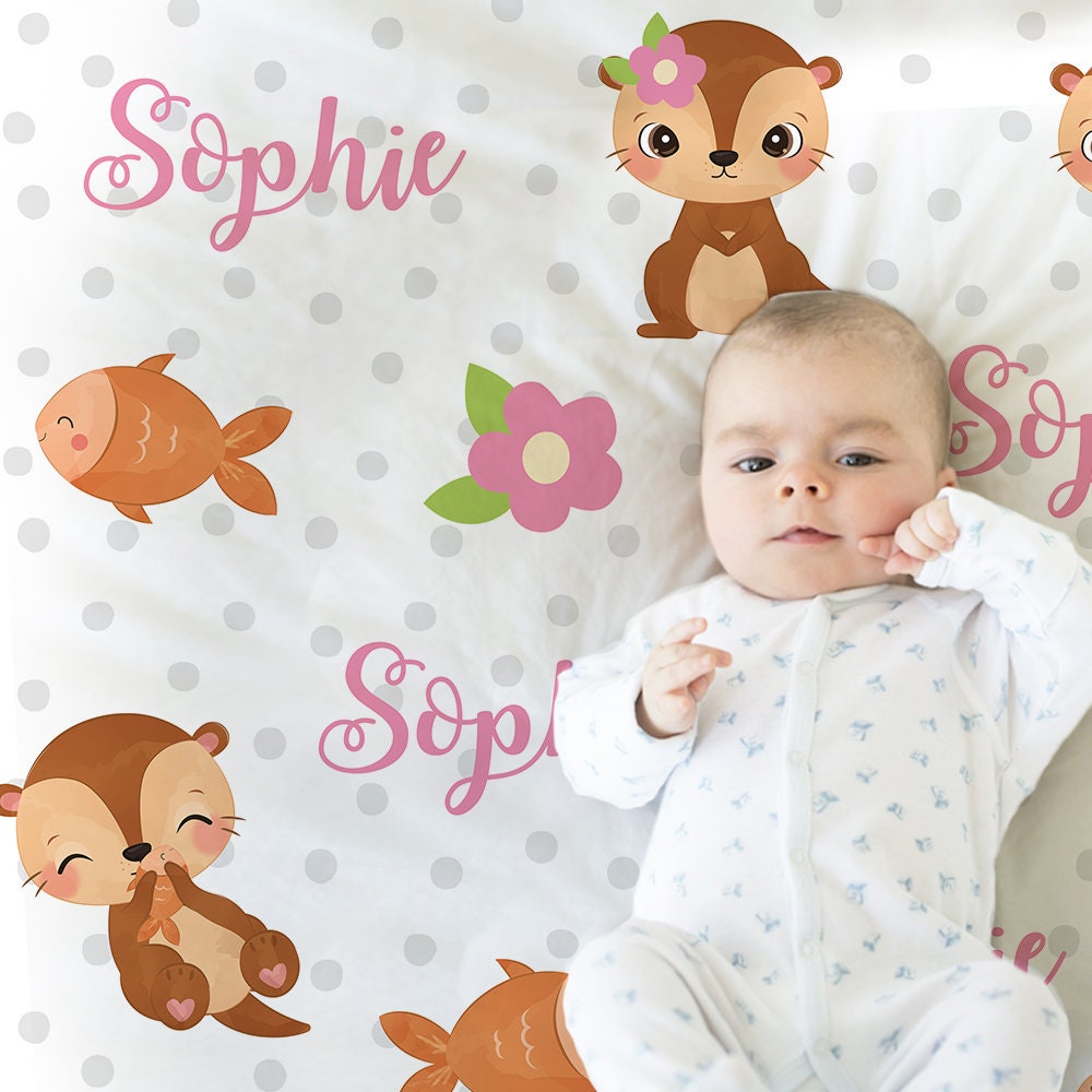Otter baby blanket, polka dot baby blanket with name, personalized otters newborn baby gift, pink and gray otter for girl (CHOOSE COLORS)