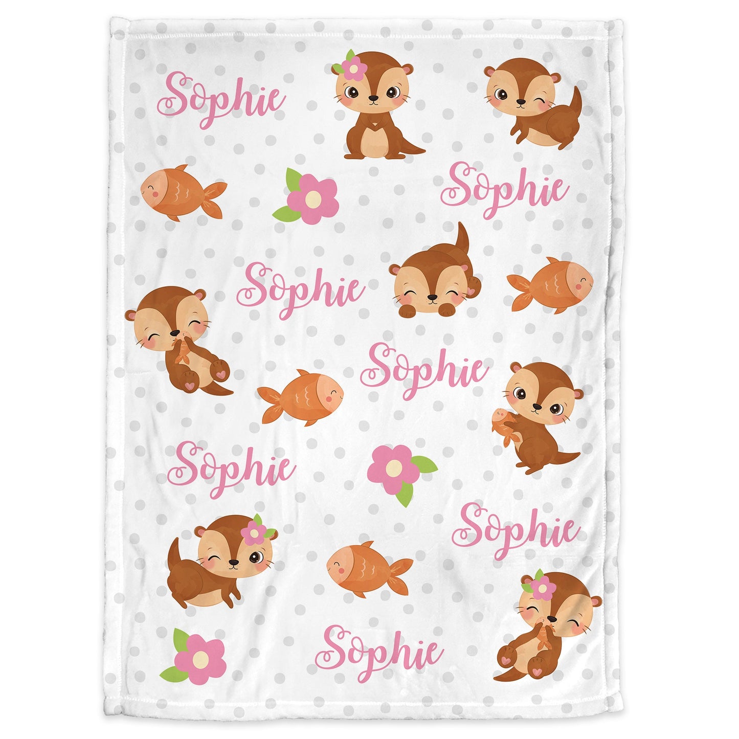 Otter baby blanket, polka dot baby blanket with name, personalized otters newborn baby gift, pink and gray otter for girl (CHOOSE COLORS)