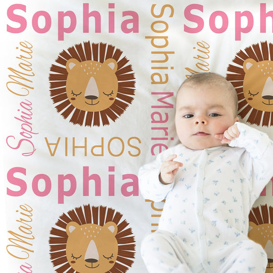 Personalized Lion Baby Name Blanket Girl