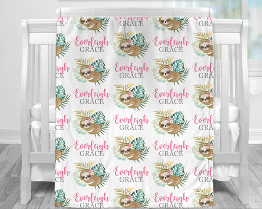 Personalized Sloth Baby Name Blanket Girl