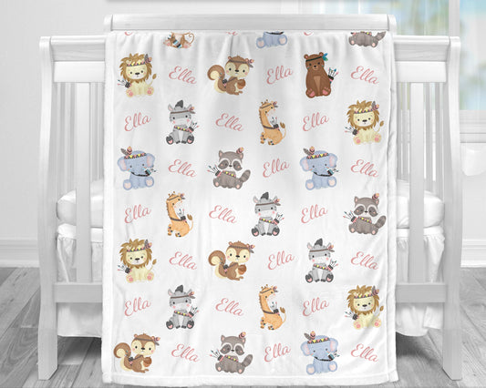 Personalized Boho Animals Baby Name Blanket