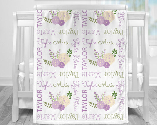 Personalized Floral Baby Name Blanket Girl Purple
