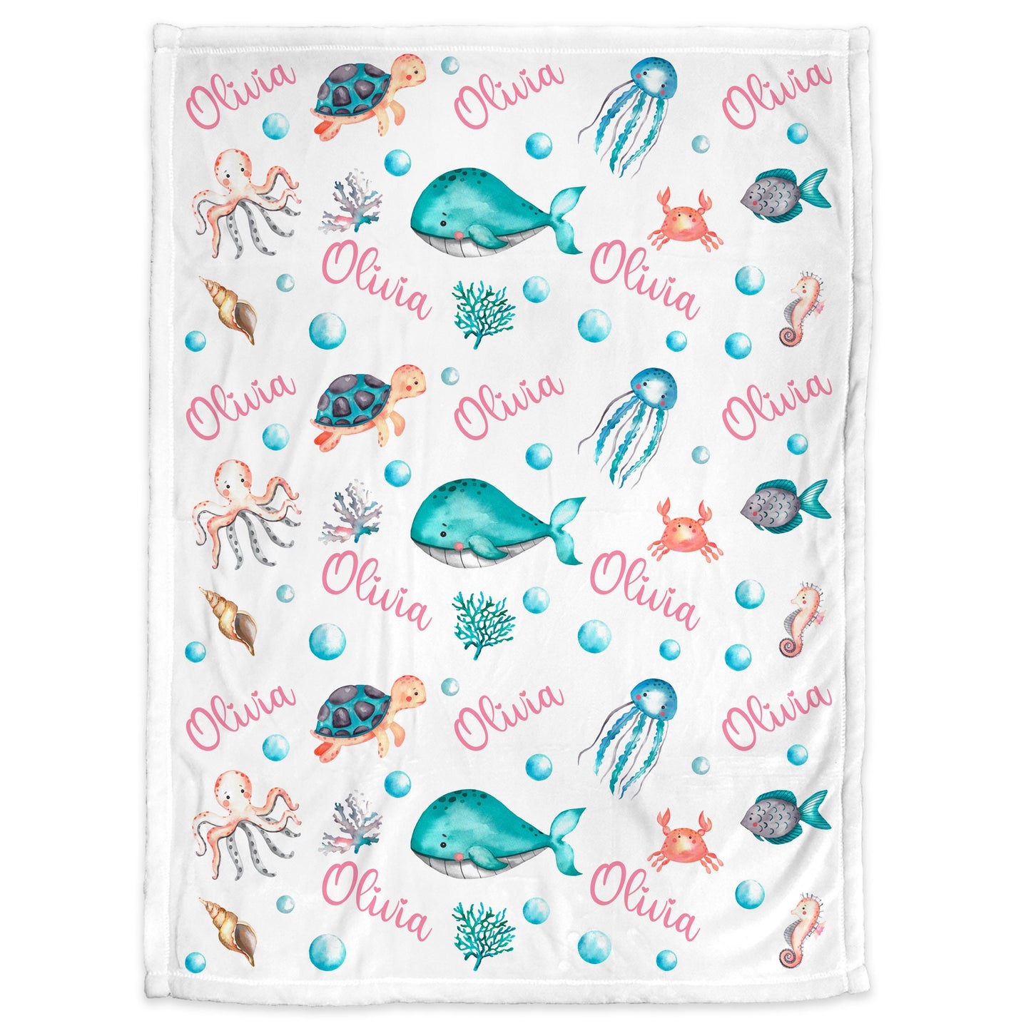Personalized Ocean Animals Sea Life Baby Name Blanket Girl