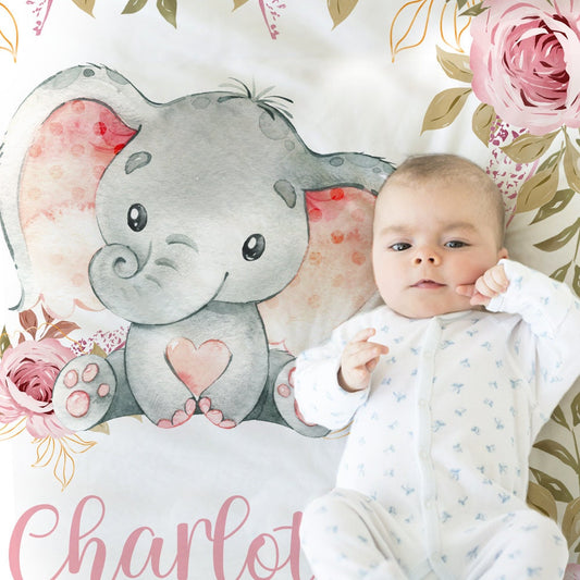 Personalized Elephant Flowers Baby Name Blanket Girl