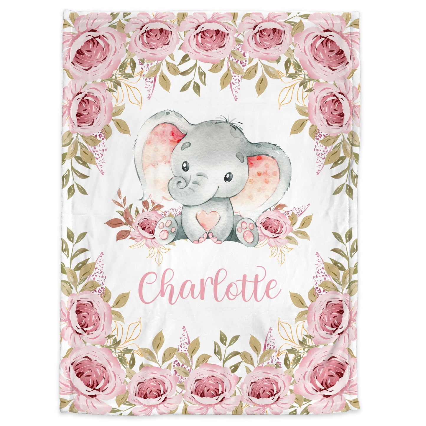 Personalized Elephant Flowers Baby Name Blanket Girl