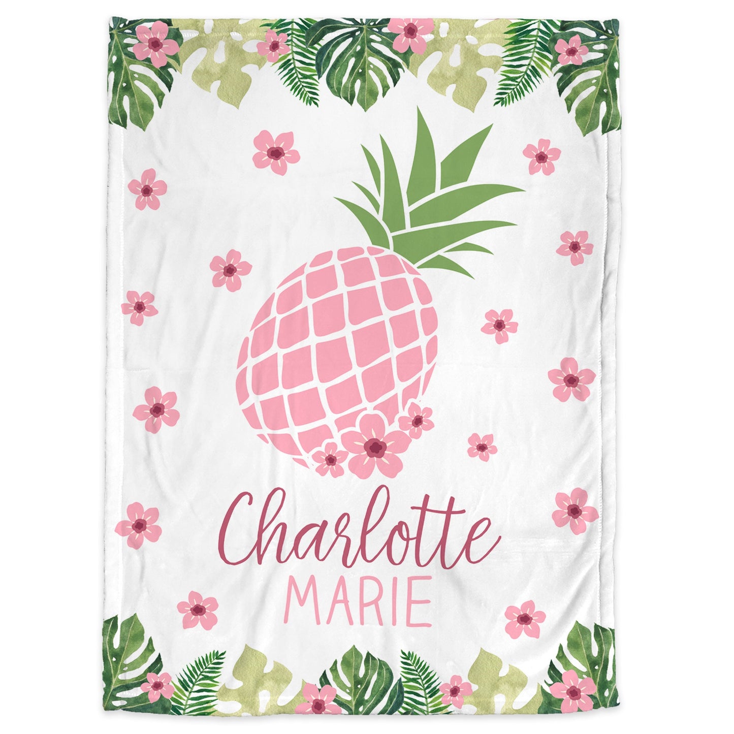 Personalized Pink Pineapple Flowers Baby Name Blanket Girl