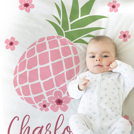 Personalized Pink Pineapple Flowers Baby Name Blanket Girl