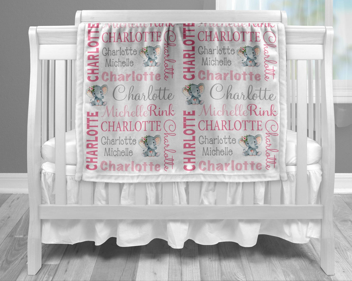 Personalized Cute Elephant Pink Baby Name Blanket Girl
