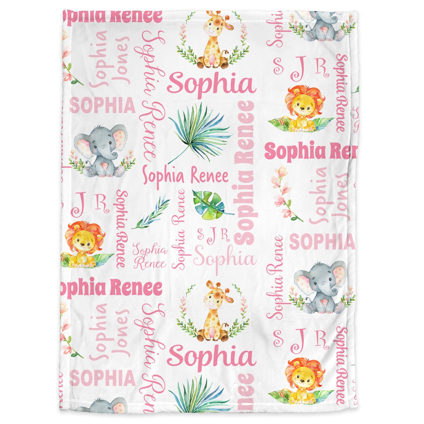 Personalized Safari Animals Baby Name Blanket Girl