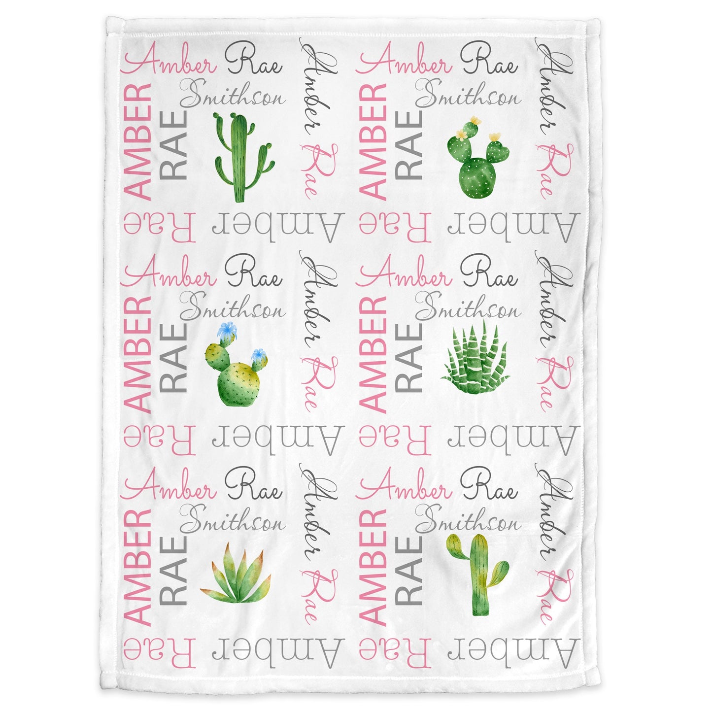 Personalized Cactus Baby Name Blanket Pink