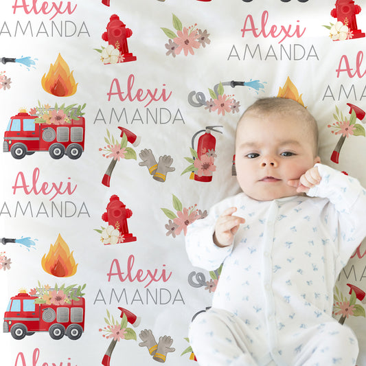 Personalized Firefighter Baby Name Blanket Girl