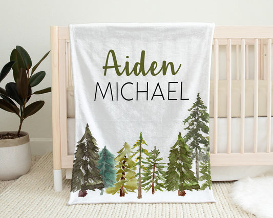 Personalized Baby Boys Blanket with Forest Pine Trees and Name