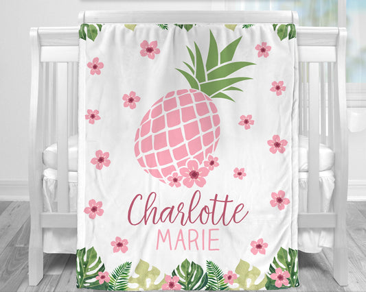 Personalized Pink Pineapple Flowers Baby Name Blanket Girl