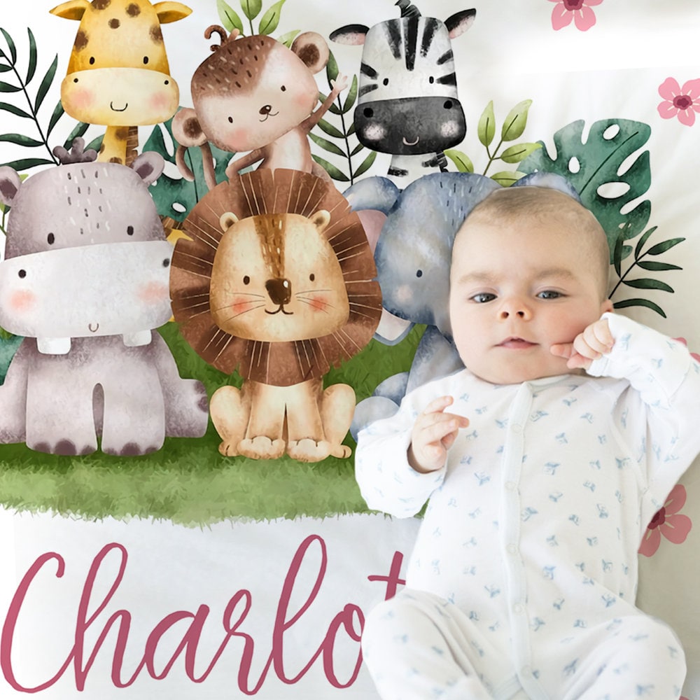 Personalized Safari Animals Baby Name Blanket