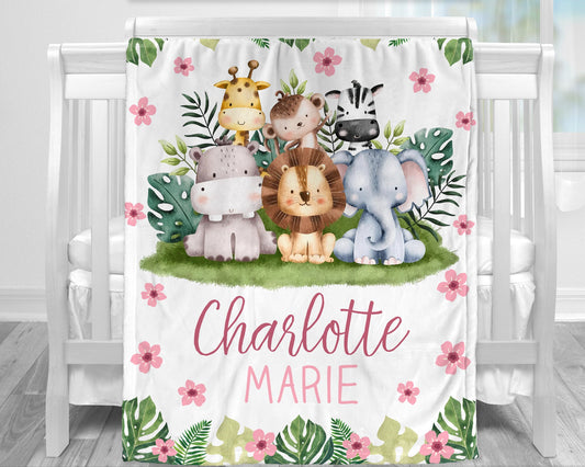 Personalized Safari Animals Baby Name Blanket