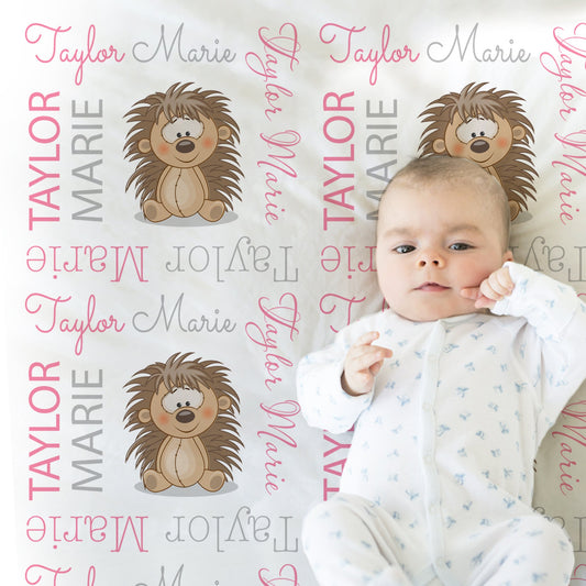 Personalized Hedgehog Baby Name Blanket Girl