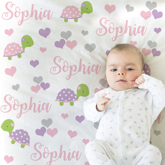 Personalized Baby Turtle Name Blanket Girl Hearts