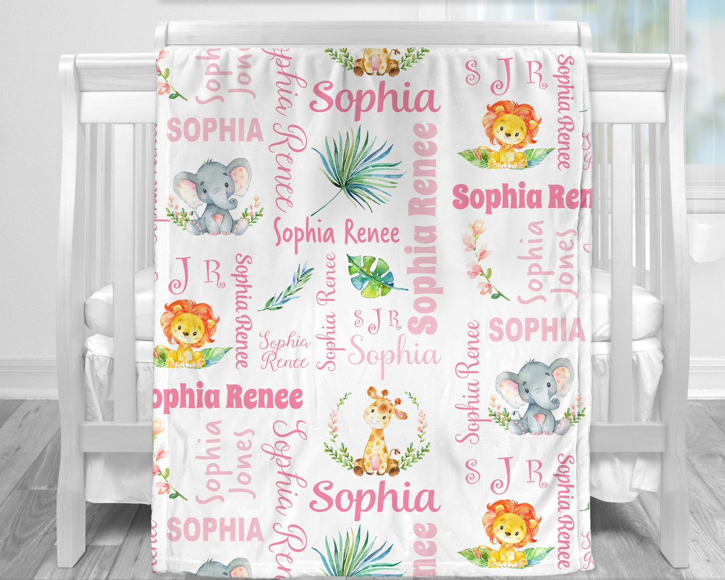 Personalized Safari Animals Baby Name Blanket Girl
