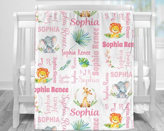Personalized Safari Animals Baby Name Blanket Girl