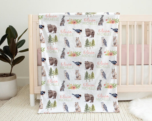 Personalized Woodland Forest Animals Baby Name Blanket Girl
