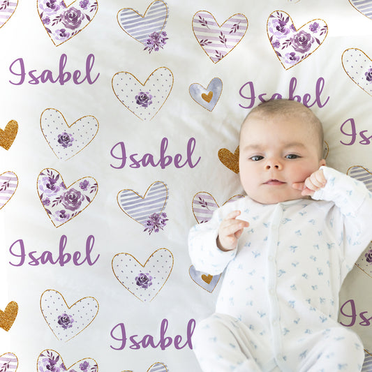 Personalized Hearts Baby Name Blanket Girl Purple