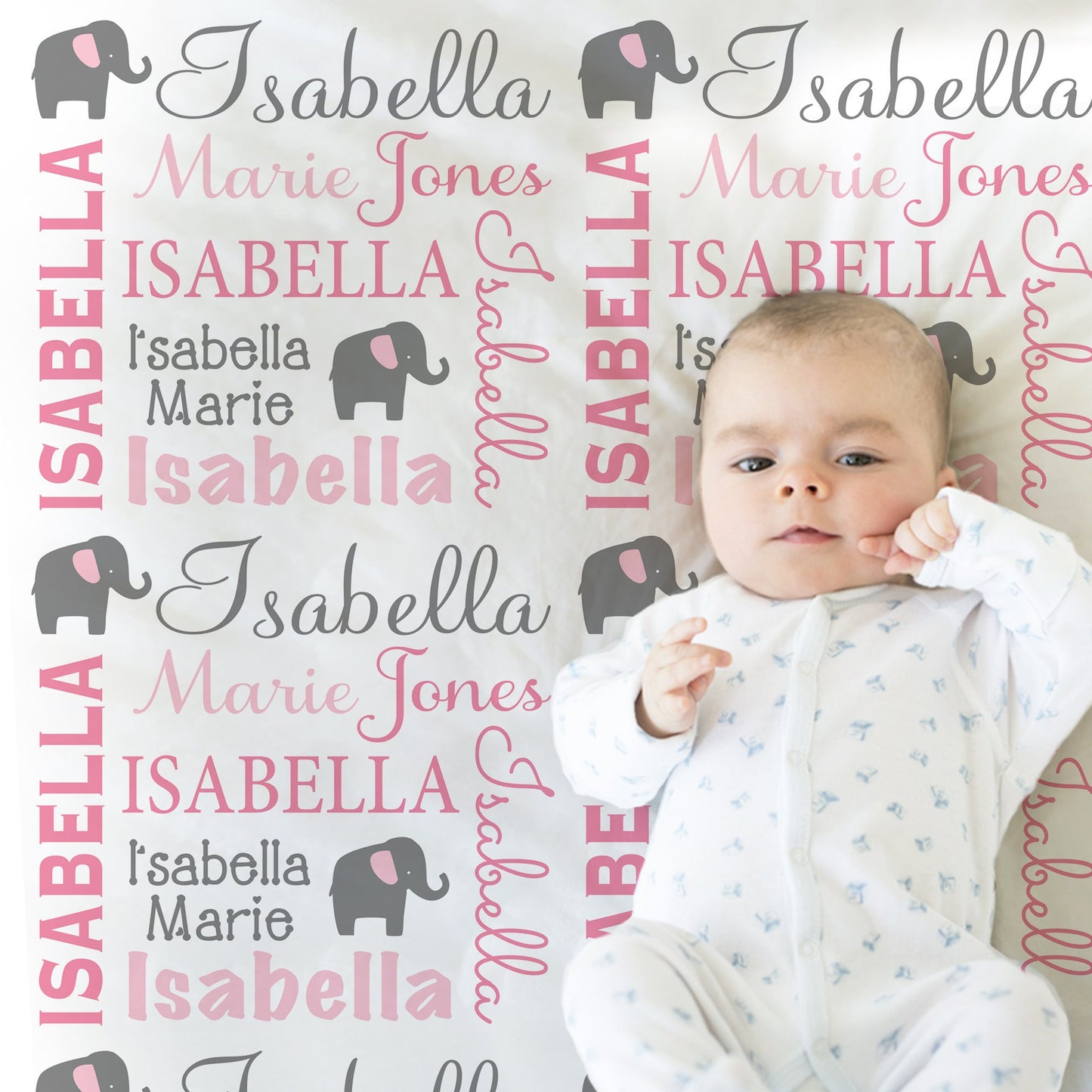 Personalized Pink Elephant Baby Name Blanket Girl