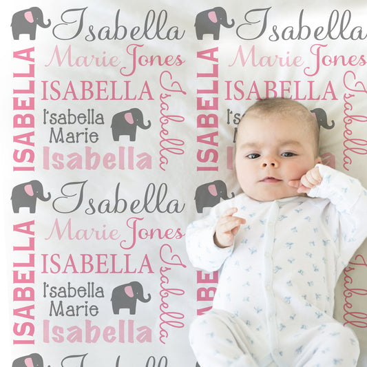 Personalized Pink Elephant Baby Name Blanket Girl
