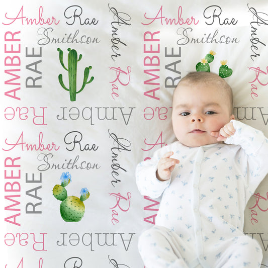 Personalized Cactus Baby Name Blanket Pink