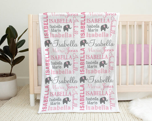 Personalized Pink Elephant Baby Name Blanket Girl