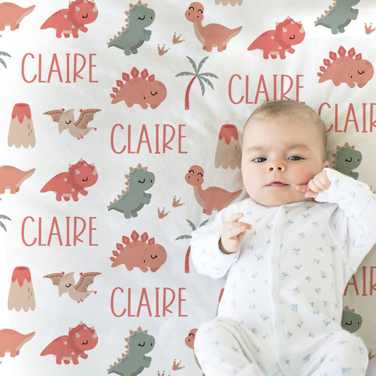 Personalized Cute Dinosaurs Baby Name Blanket Girl