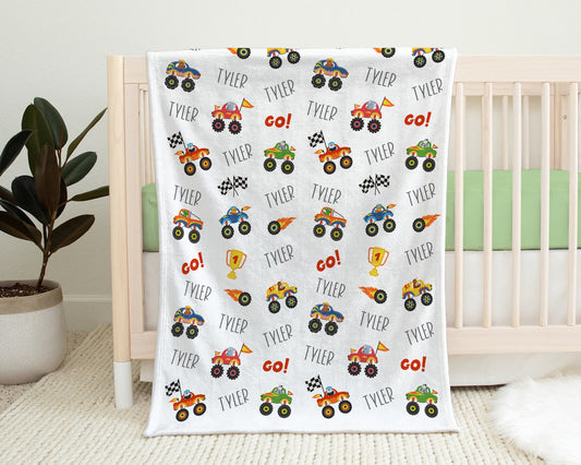 Personalized Cute Monster Truck Baby Name Blanket Boy