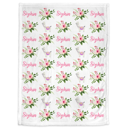 Personalized Floral Llama Baby Name Blanket Girl