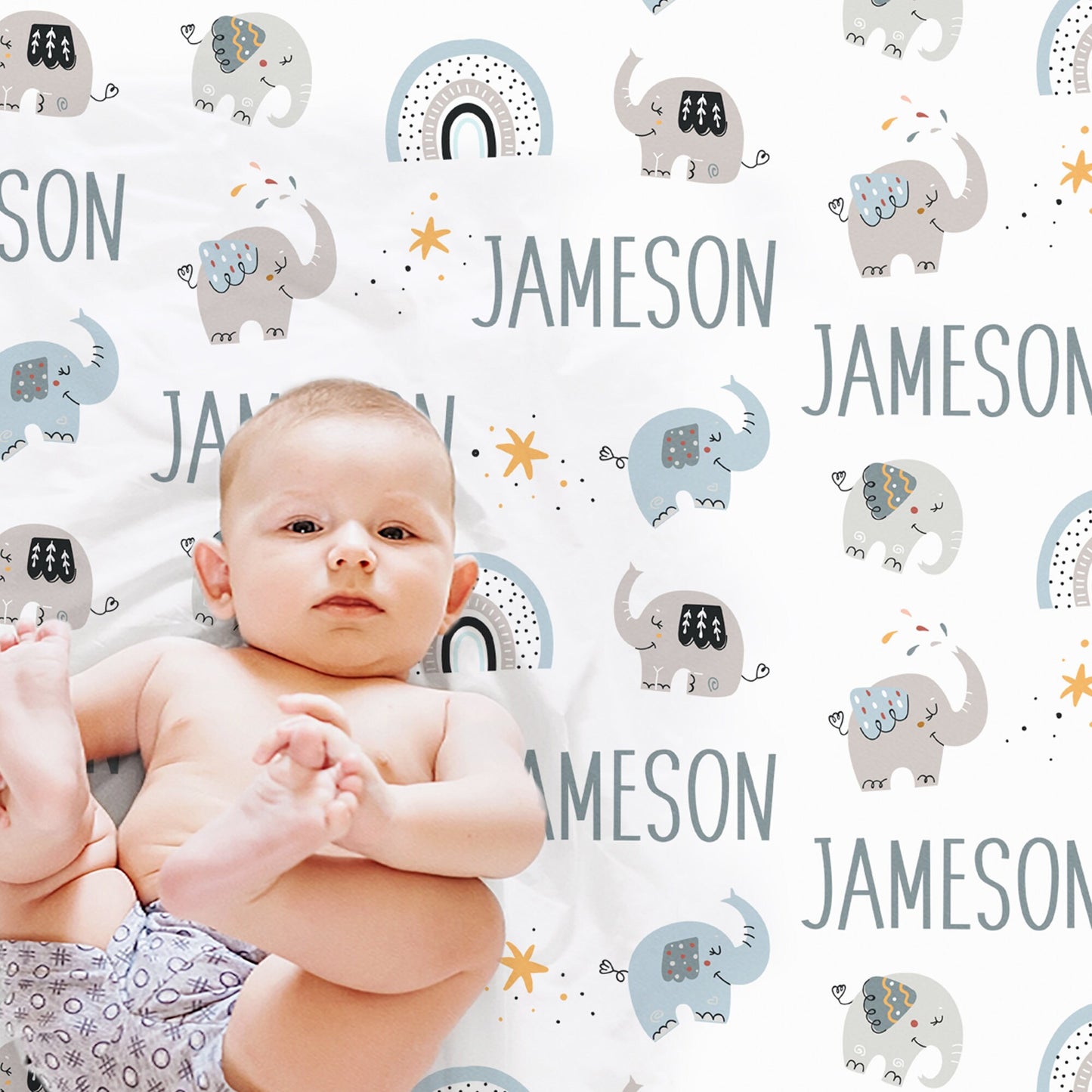 Personalized Boho Elephant baby name blanket